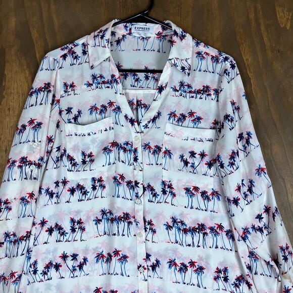 Express Womens Blouse White Palm Tree Portofino V Neck Button Down Sheer M - Picture 2 of 12